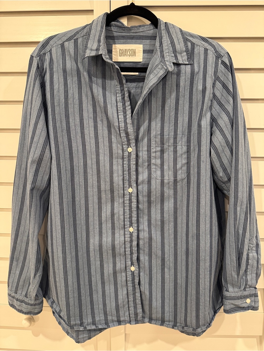 Grayson Perfect Button Up Shirt The Hero Women's Light Blue Pinstripe Size 5